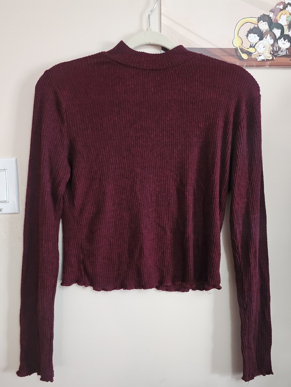 U2B Burgundy Red Ribbed Long-sleeved Crewneck Shirt